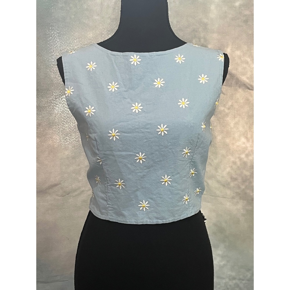 Vintage‎ Style Light Blue Daisy Embroidered Backless Tie Crop Top Sleeveless